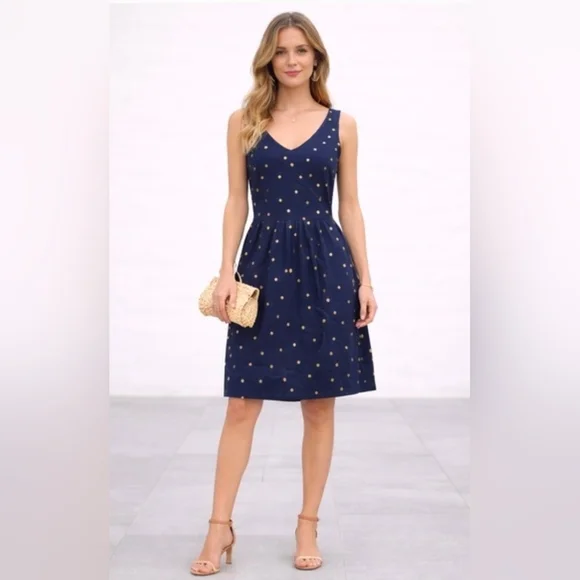 Boden Women's Melinda Jersey Cotton Blend Navy Blue Gold Polka Dot Dress 10 - Picture 1 of 7